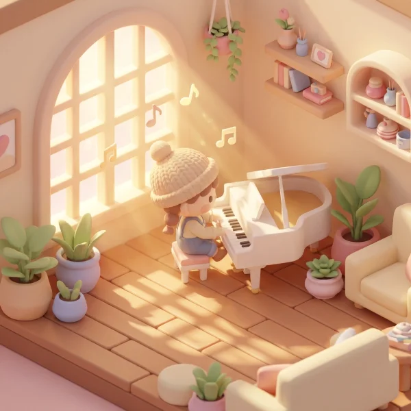 Anime girl playing piano in Heartopia